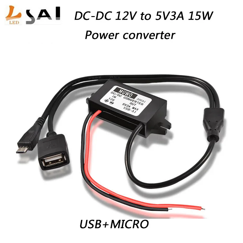 

LianSai DC 12V to DC5V 3A 15W USB+MICRO car power output adapter, step-down