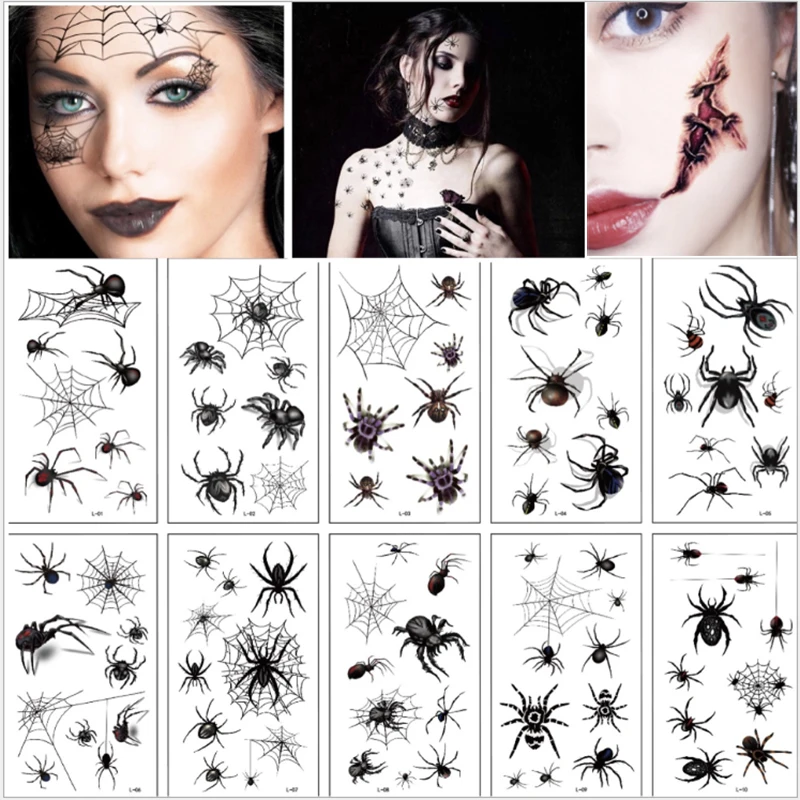 

10 шт 3D временные тату с изображением паука скорпиона для Хэллоуина, поддельные татуировки для боди-арта, тату-шутка, временные татуировки