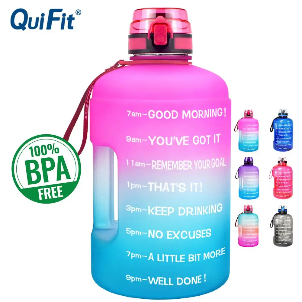 

QuiFit 128oz 73oz 43oz 1 Gallon Water Bottle With Time Markings Filter Net Fruit Infuse BPA Free Motivational Sports Drink Jug