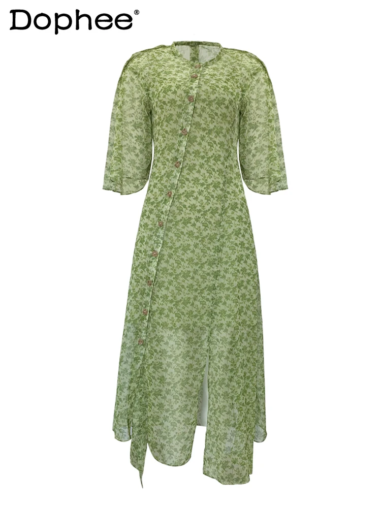 

Green Floral Waist Slim Dress for Women Summer High Waist Flying Sleeves Dress Half Sleeve Dress Elegant Single-breasted Dress