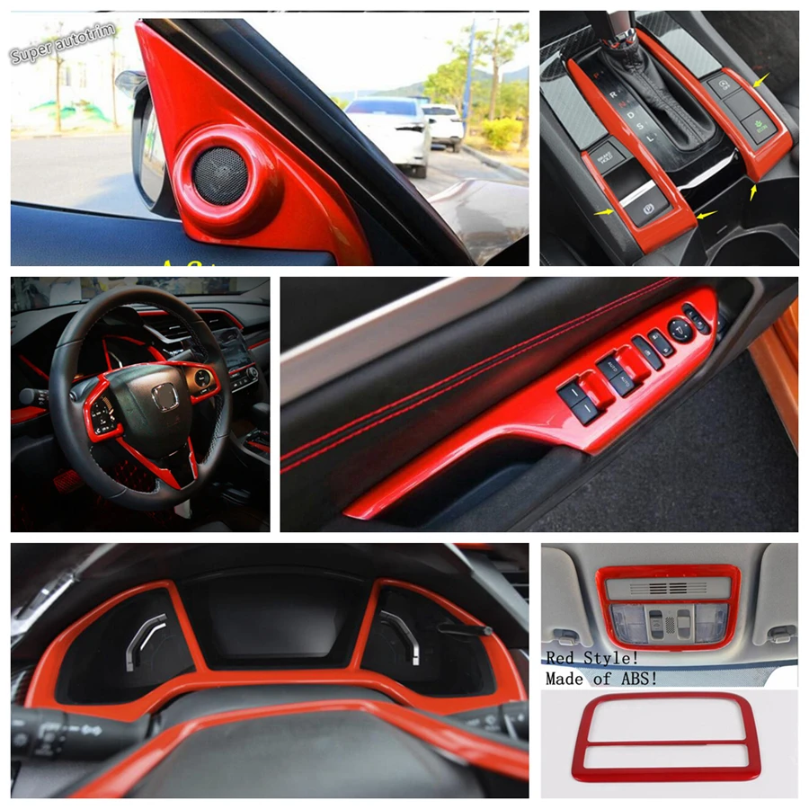 

Lapetus Red Interior Refit Kit Armrest Lift Button / Pillar A Speaker / Dashboard / Gear Box Cover Trim For Civic 2016 - 2020