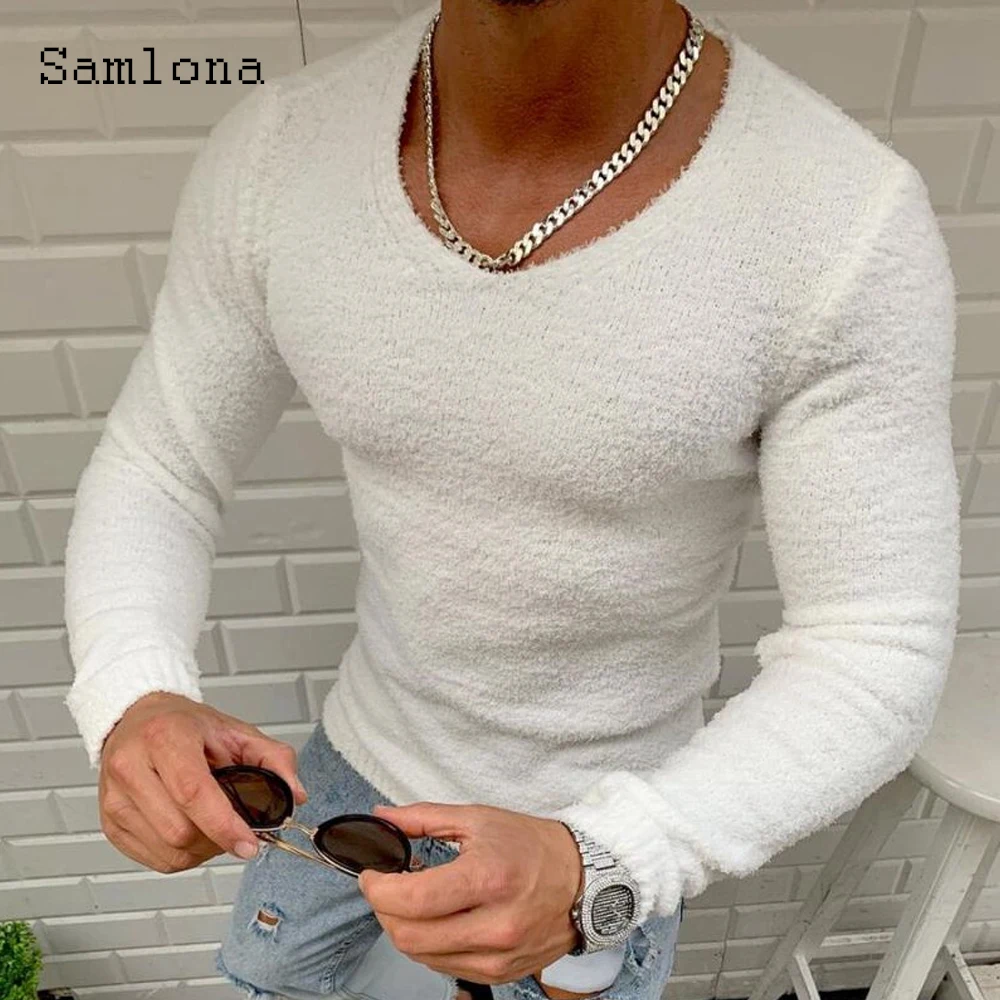 

Samlona Knitting Sweater Men Autumn Long Sleeve Skinny Top Plus Size 3xl Mens Casual Pullovers Sweaters Sexy Men Clothing 2021