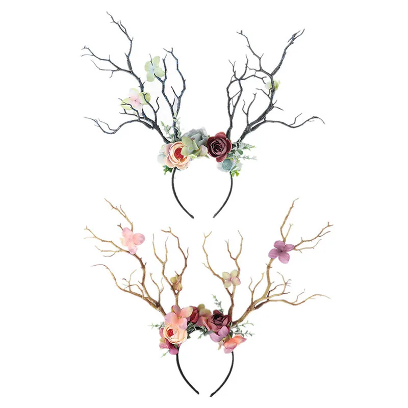 

Women Headwear Exaggerated art forest shape Hair hoop Antler Deer Horn Flower Hairband Cute Hair Hoop Cosplay Party Hot sale