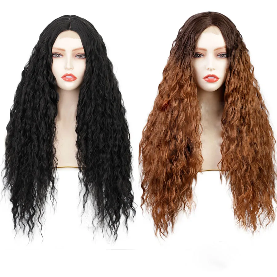 

Long Black Color Synthetic Wigs Brown Color Hair For WOmen and Girl Deep Wave Wigs Synthetic Hair Wig