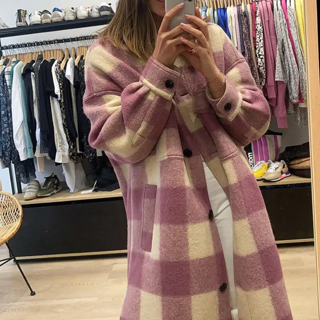 

Шикарное зимнее женское шерстяное длинное пальто в клетку, Женская куртка с отложным воротником и карманами на пуговицах, классическое вин...