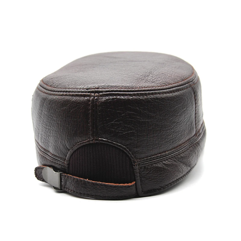 Cow Leather Flat Peak Baseball Cap&ampHats for men winter warm army hat adjustable ear flat black brown cap B28 | Аксессуары для