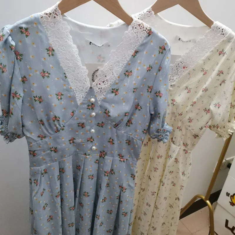

Korean Party Elegant Floral Dress Women Elegant Lace Chiffon Dress Puff Sleeve V Neck Midi Dress Summer Dresses for Women 2021