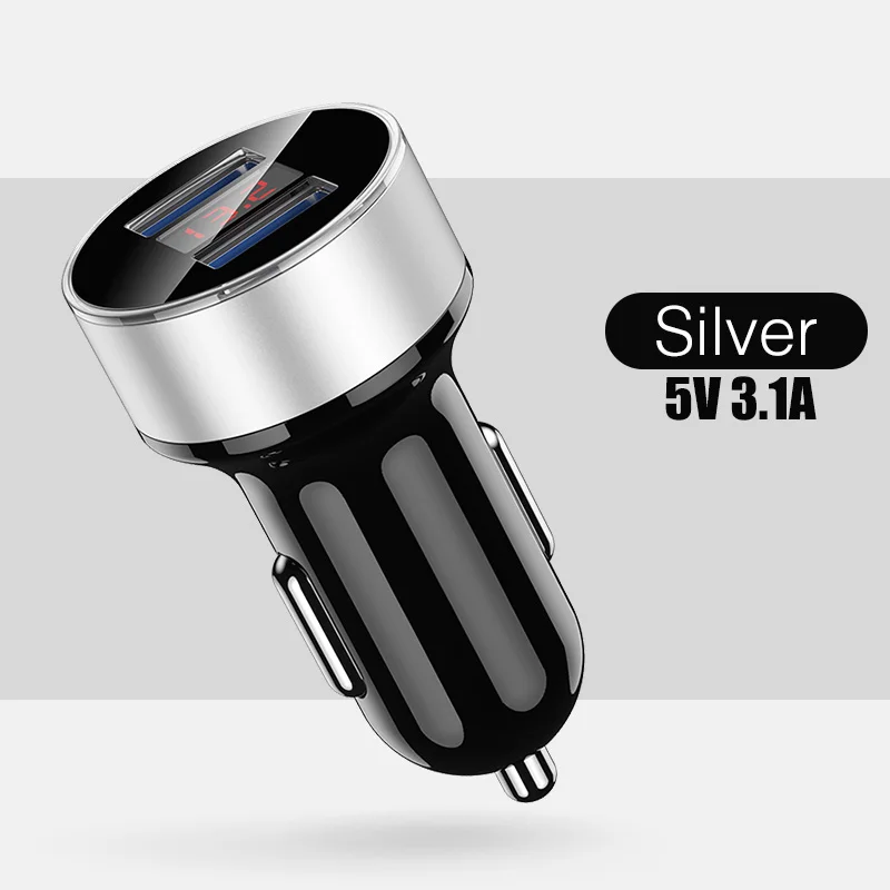 Plastic Silver 3.1A ROCK универсальное металлическое автомобильное зарядное устройство с двумя usb-портами и цифровым дисплеем для iPhone X 8 XS Xiaomi samsung Mini 5V 3.4A Автомобильная Быстрая зарядка - Тип штекера: Plastic Silver 3.1A