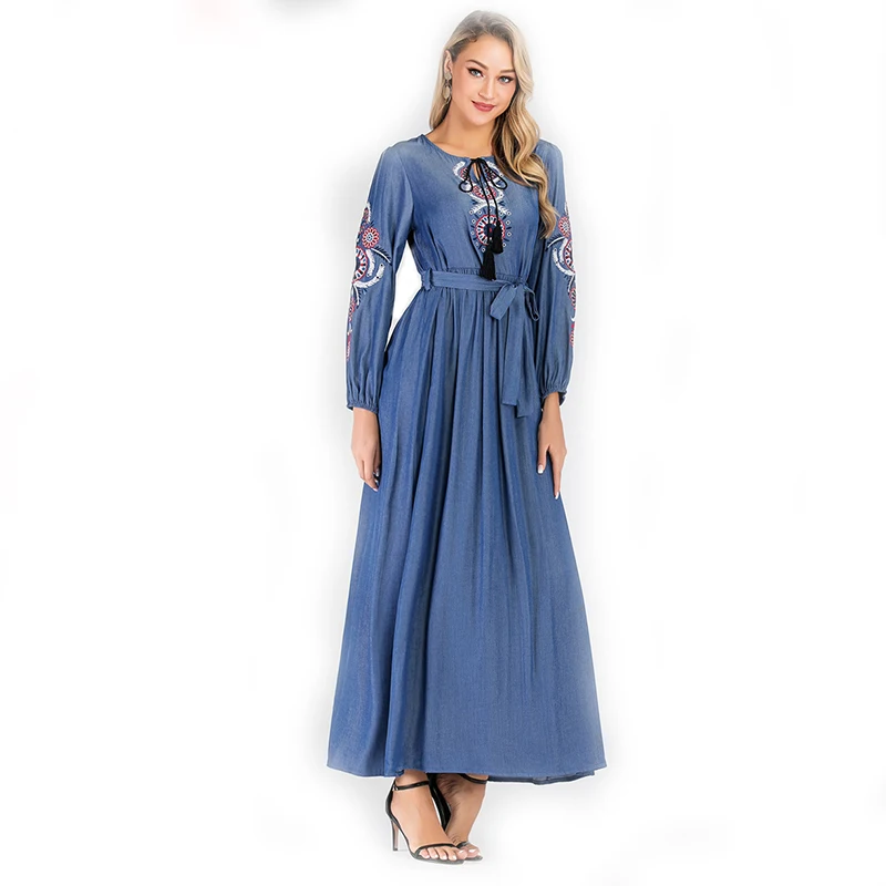 Джинсовое Абая платье Дубай для зимы и осени цветочный марокканский кафтан