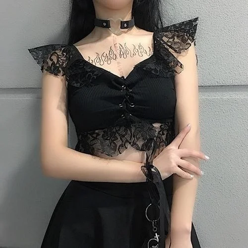 Панковский дизайн женский Готический Цветочный кружевной кроп-топ T018 | Женская