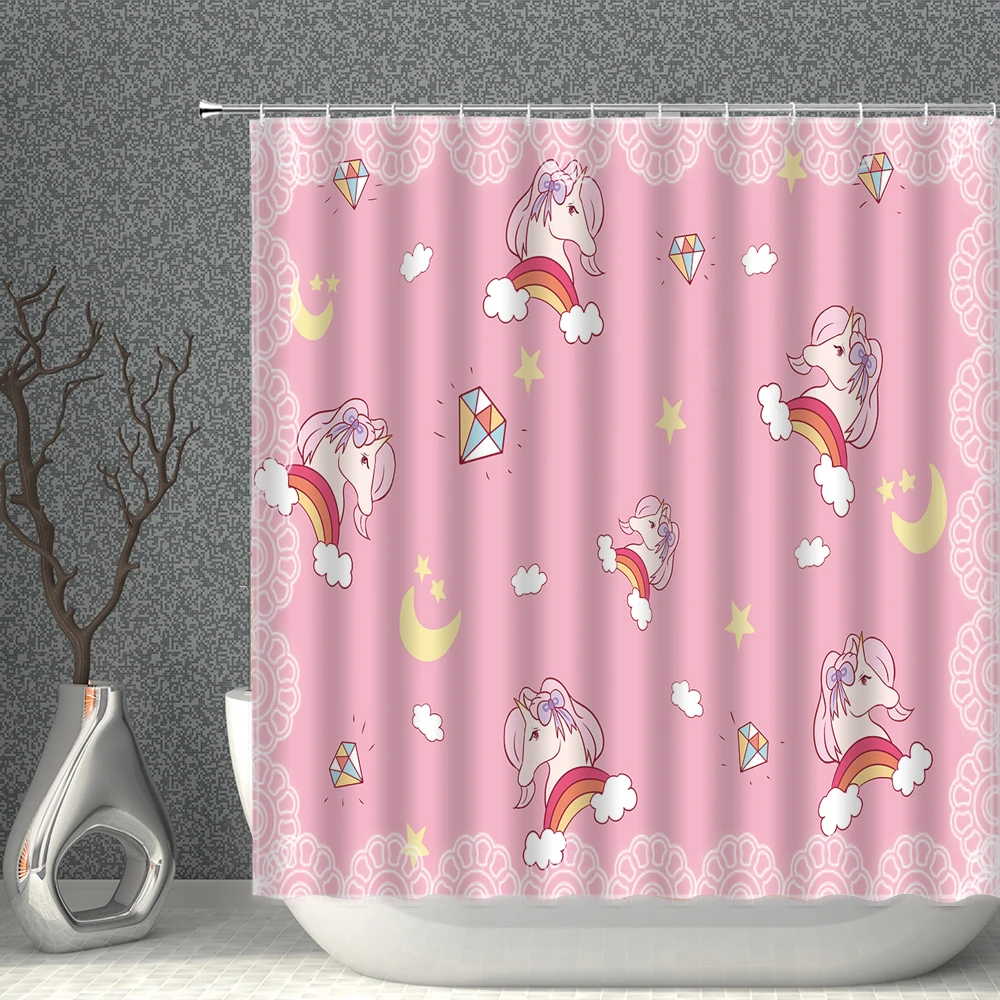 

Pink Shower Curtain Waterproof Fabric Light Pink Unicorn 3D Print Bath Curtains Set Bathroom Partition Screen Bathtub Home Decor