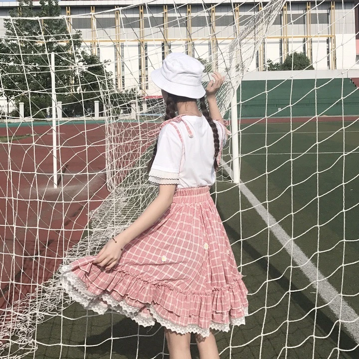 Kawaii Лолита юбка японский стиль 90 подростков мягкая Сестра Дейзи аппликации кружева лоскутное рюшами Сарафан в клетку юбки