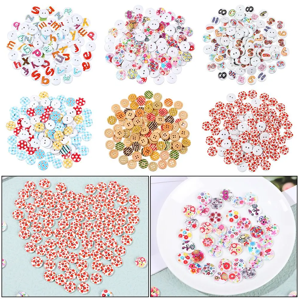 

100Pcs Clothing Accessories DIY Clothing Sewing Crafts 2 Holes Painted Printing Buttons Wooden
