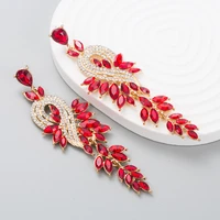 shiny red long leaf crystal rhinestones dangle stud earrings for women korean trendy bridal wedding geometric jewelry accessory