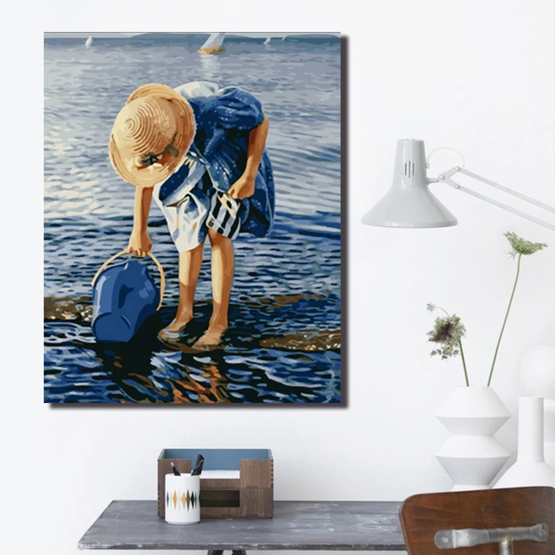 Сделай Сам цифровая картина красивая маленькая девочка приморский пляж задняя