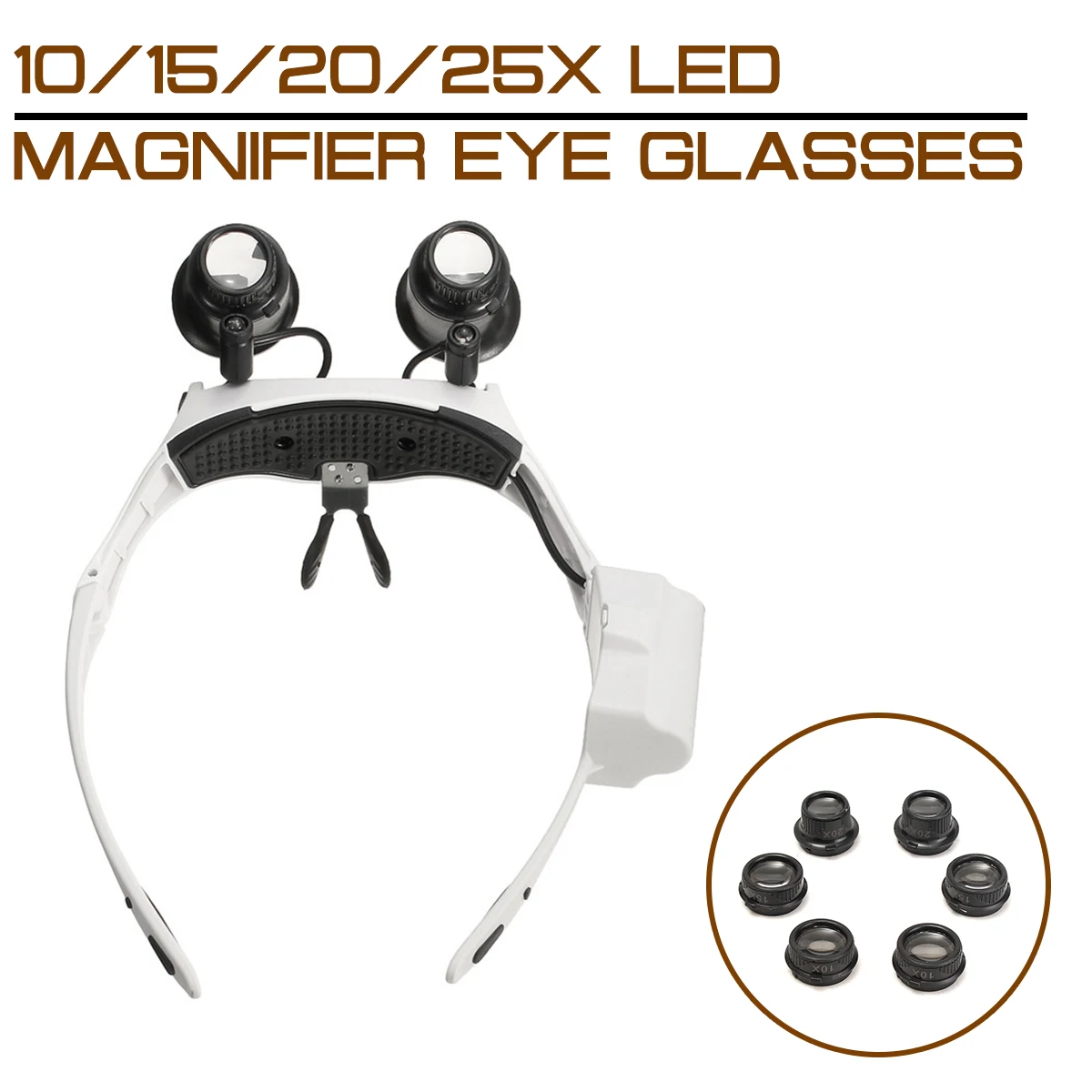

Magnifier 10X 15X 20X 25X LED Double Eye Glasses with 8 Lens LED lamp Loupe Lens Watch Jeweler Repair Measurement