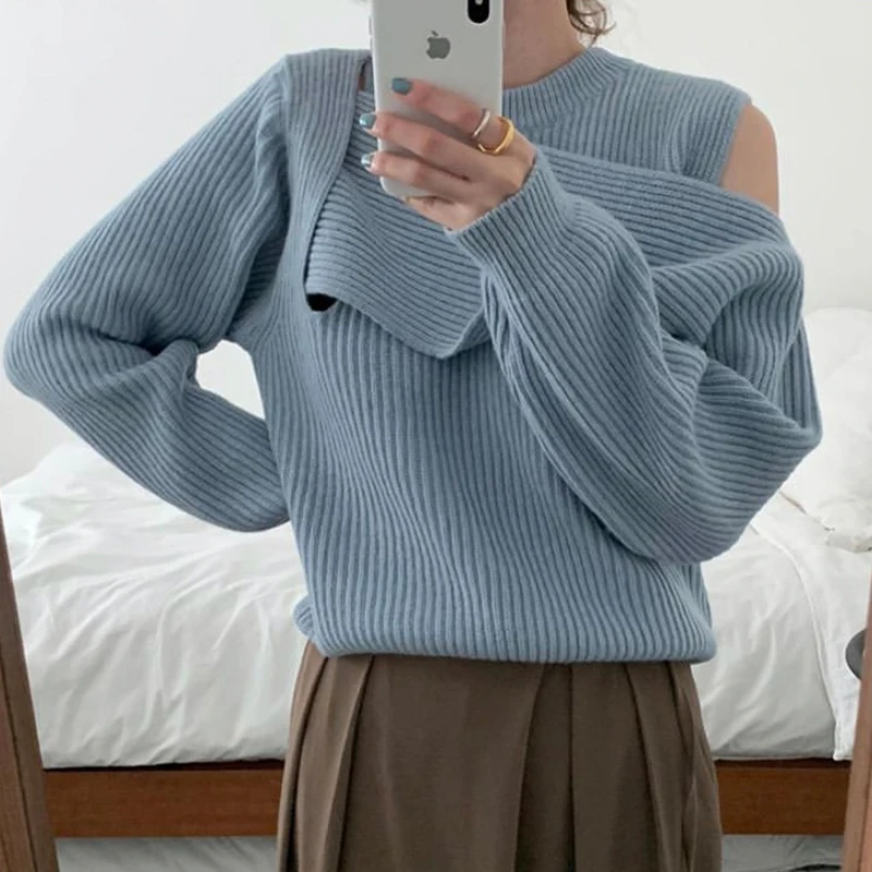 

Chic Korean Off Slouder Sweater Women Autumn Winter Long Sleeve Pullover knitted sweater Tops Pull Femme