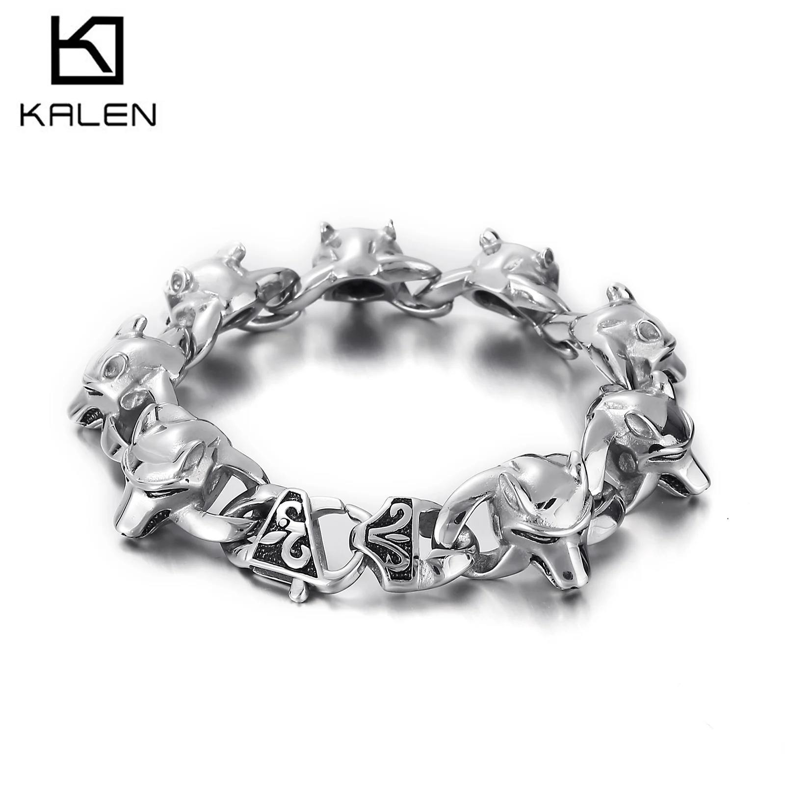 

20mm Stainless Steel Shiny Wolf Charm Bracelet Mens