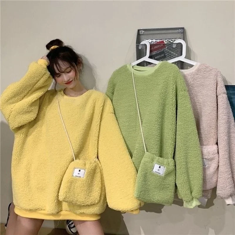 

HOUZHOU Kawaii Oversized Hoodie Pullovers Women Korean Style Autumn Winter Thick Lamb Plush Harajuku Sweatshirt Female Casual