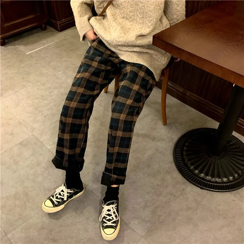 

Winter Plaid Pants Women Loose Straight Warm Pants Women Casual Jokers Trousers Women Fashion Wide Leg Checkered Pants