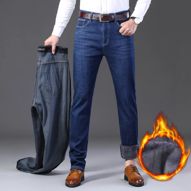Зимние джинсы для мужчин синие Homme теплые черные облегающие брюки байкерские