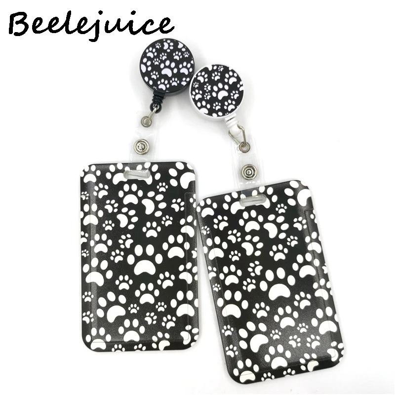 

Black Dog Paws Cute Credit Card Cover Lanyard Bags Retractable Badge Reel Student Nurse Exhibition Name Clips ID Card Holder