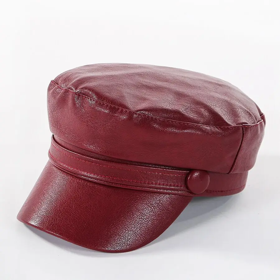 Women Fashion Leather Military Hats Winter Vintage Black Leather Snapback Caps Female Newsboy Hat Casequette Beret Caps