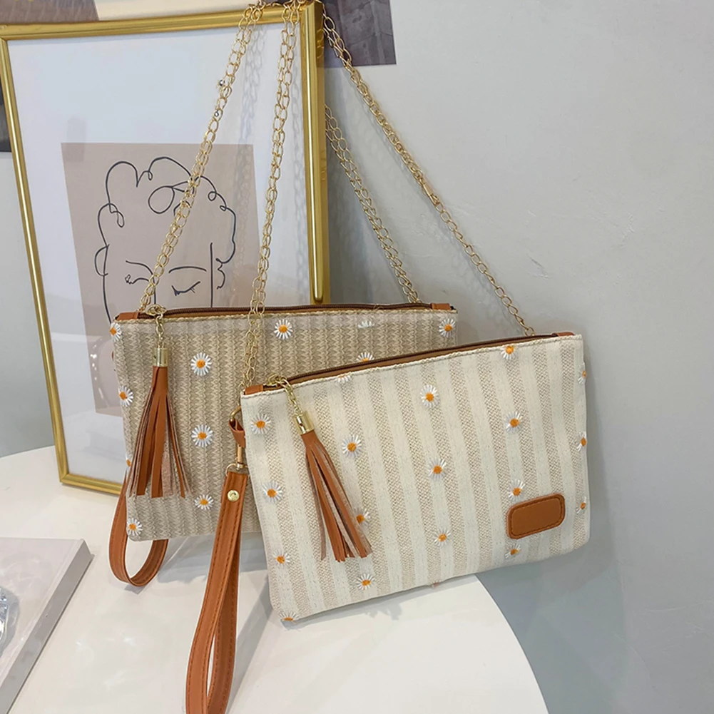 

2021 Summer Daisy Printing Fashion Straw Woven Women Shoulder Messenger Bags Casual Chain Tassel Ladies Small Crossbody Handbags