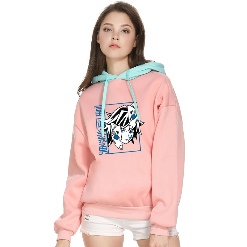 

Pink Cartoon Prnt Women Hooded Sweatshirts 2021 Spring Patchwork Female Drawstring Casual Pullover Hoodies Tracksuits Tops