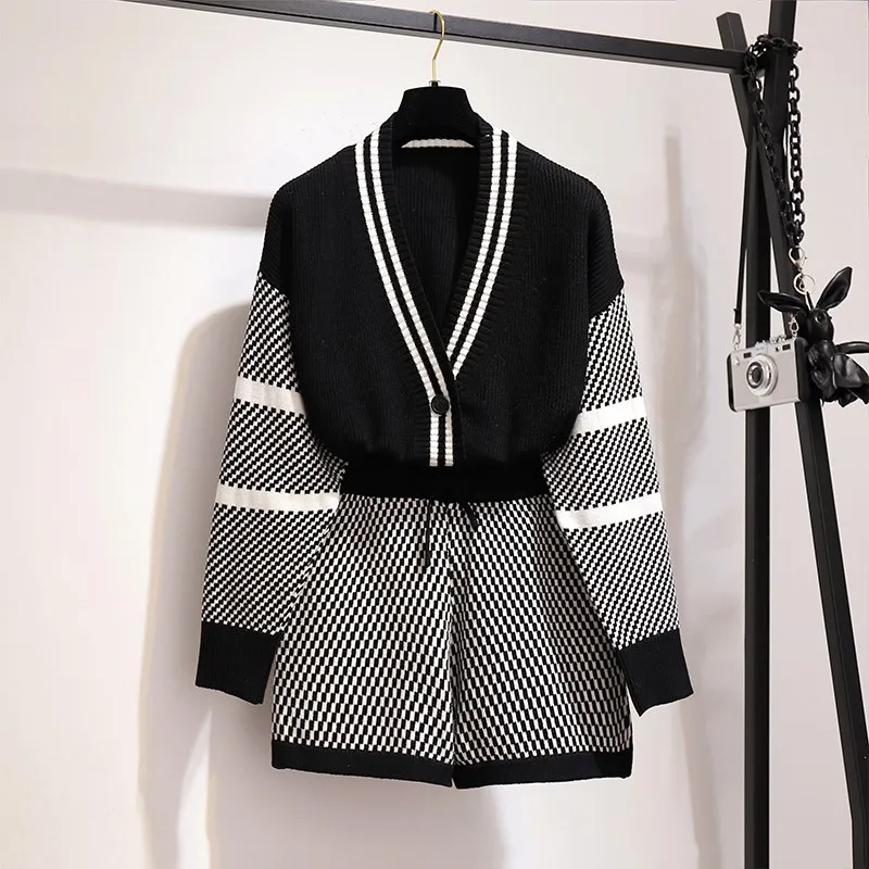 Осень 2019 Женский Повседневный вязаный комплект из двух предметов с v-образным