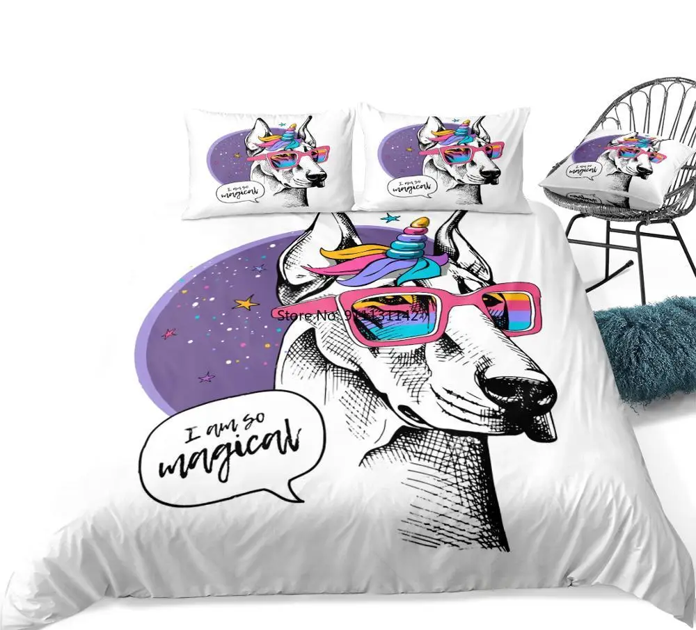 

Doberman Bedding Set Unicorn with Dog Duvet Cover with Pillowcases Magical Rainbow Bedclothes for Teens Cartoon Pet 3pcs