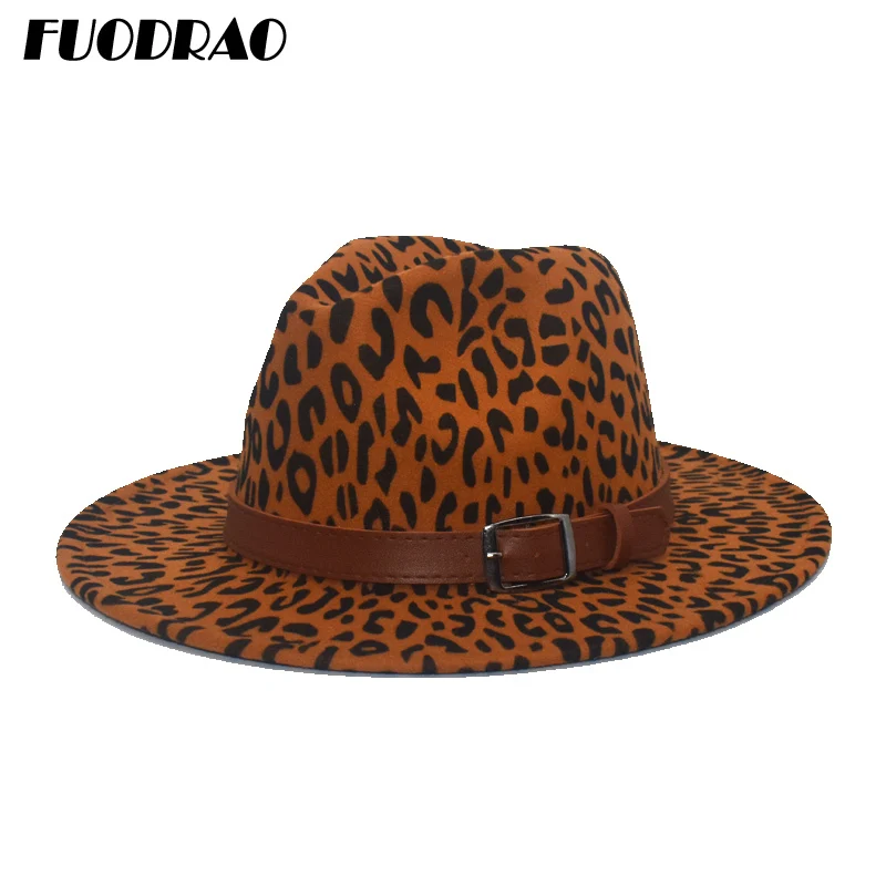 

FUODRAO New Fashion Leopard Print Fedoras Wool Hats For Women Wide Brim Jazz Caps Men Vintage Panama Sombrero Cap F78