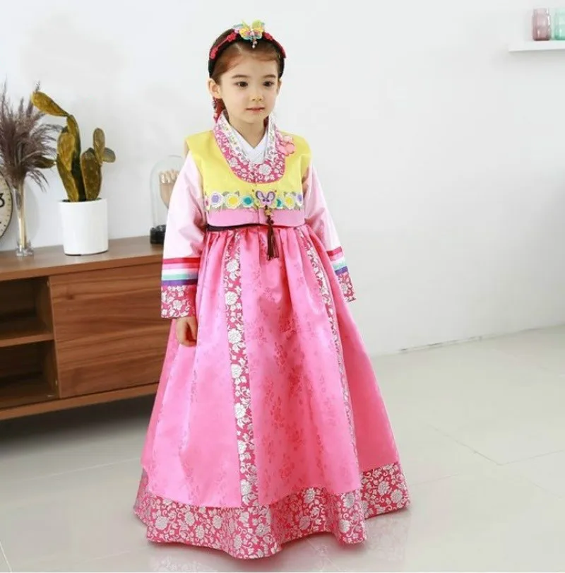 

Children Korean Embroidery Dress Long Sleeve Girl Hanbok Costume Ethnic Dance Traditional Cute Cosplay Tailored + Free Shipping
