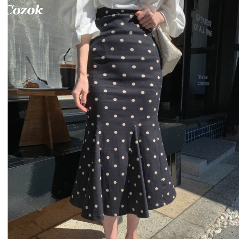 

Fall Women Polka Dot Mermaid Fishtail Skirt Midi Skirts Womens Office Lady Satin High Waist Simple Elegant Long Skirt Women