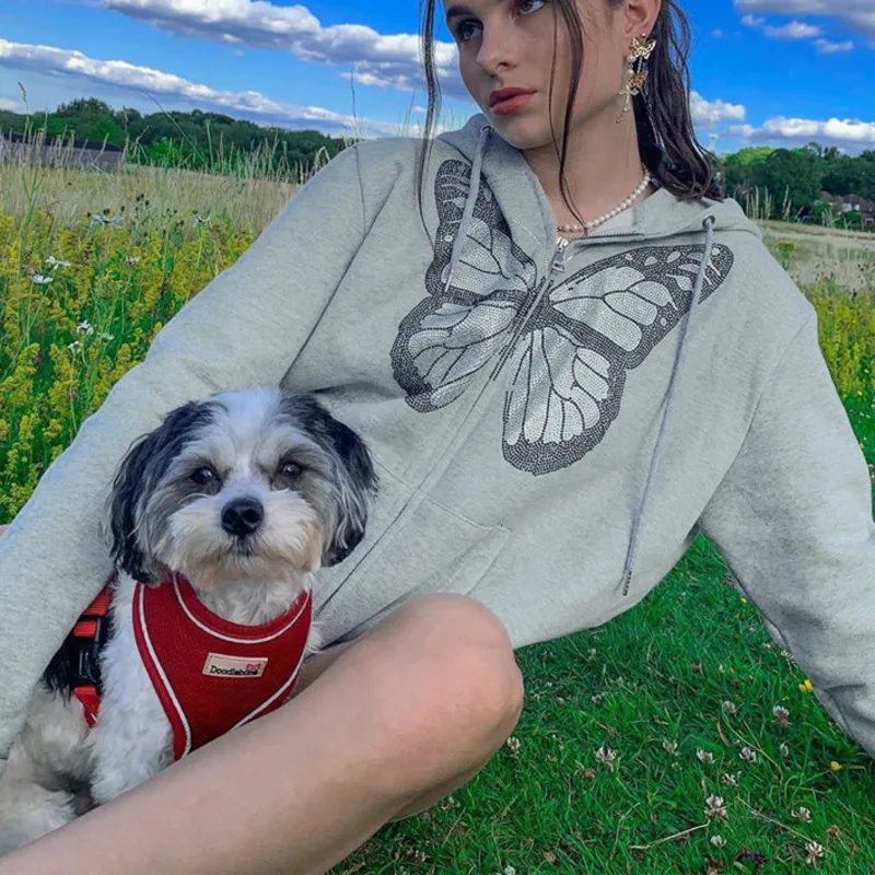 

Y2k Hoodies Sweatshirt 2021 Pocket Zipper Butterfly Hot Diamond Printing Loose Fashion Sweatshirts Streetwear Women Hoodieses