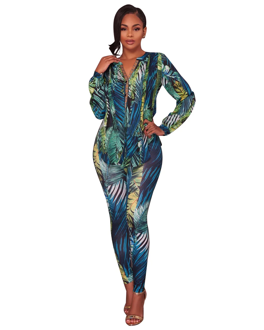 

Women's Sexy Club Apparel Printed Shirt Long Pants Sportswear Two-Piece Set