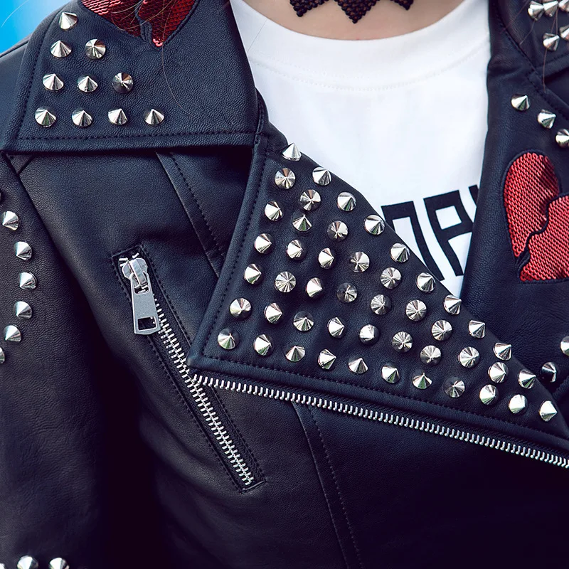 

High Quality Leather Jacket Set Women Rivets Sequins Embroidery Punk Leather Shorts + Long Sleeve Zip Coat Fashion 2 Piece Set