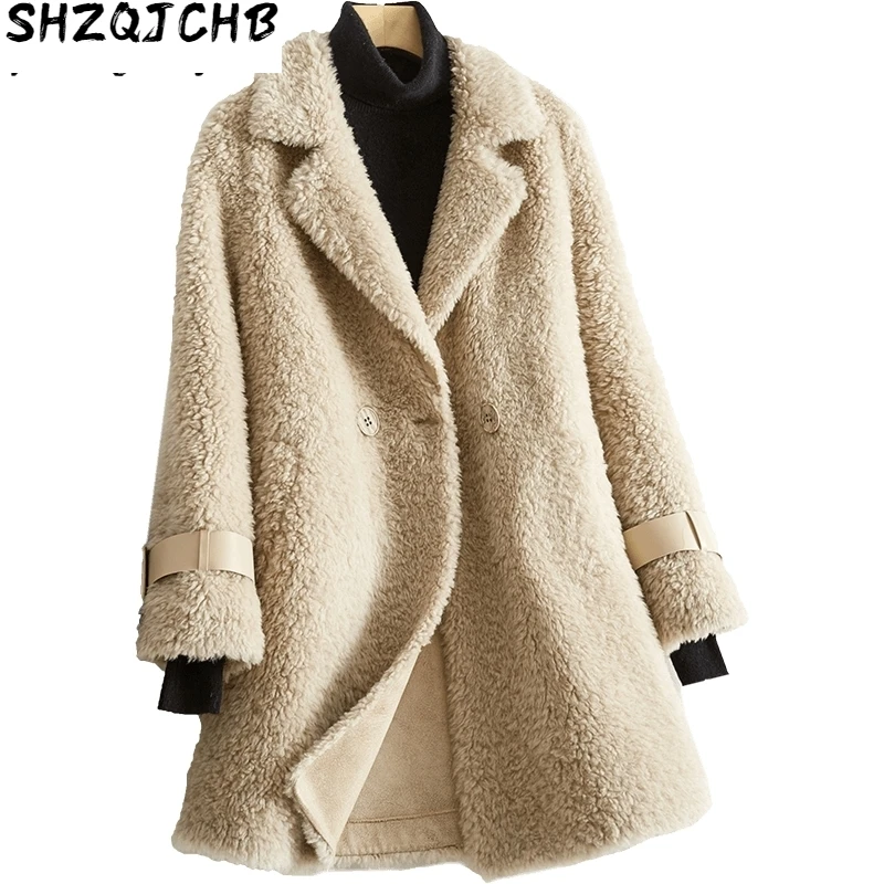 

JCHB 2021 Winter Coat Women Real Fur Coat Female Jacket Sheep Shearing 100% Wool Fur Coats Genuine Leather X241900OUSWH009 KJ50