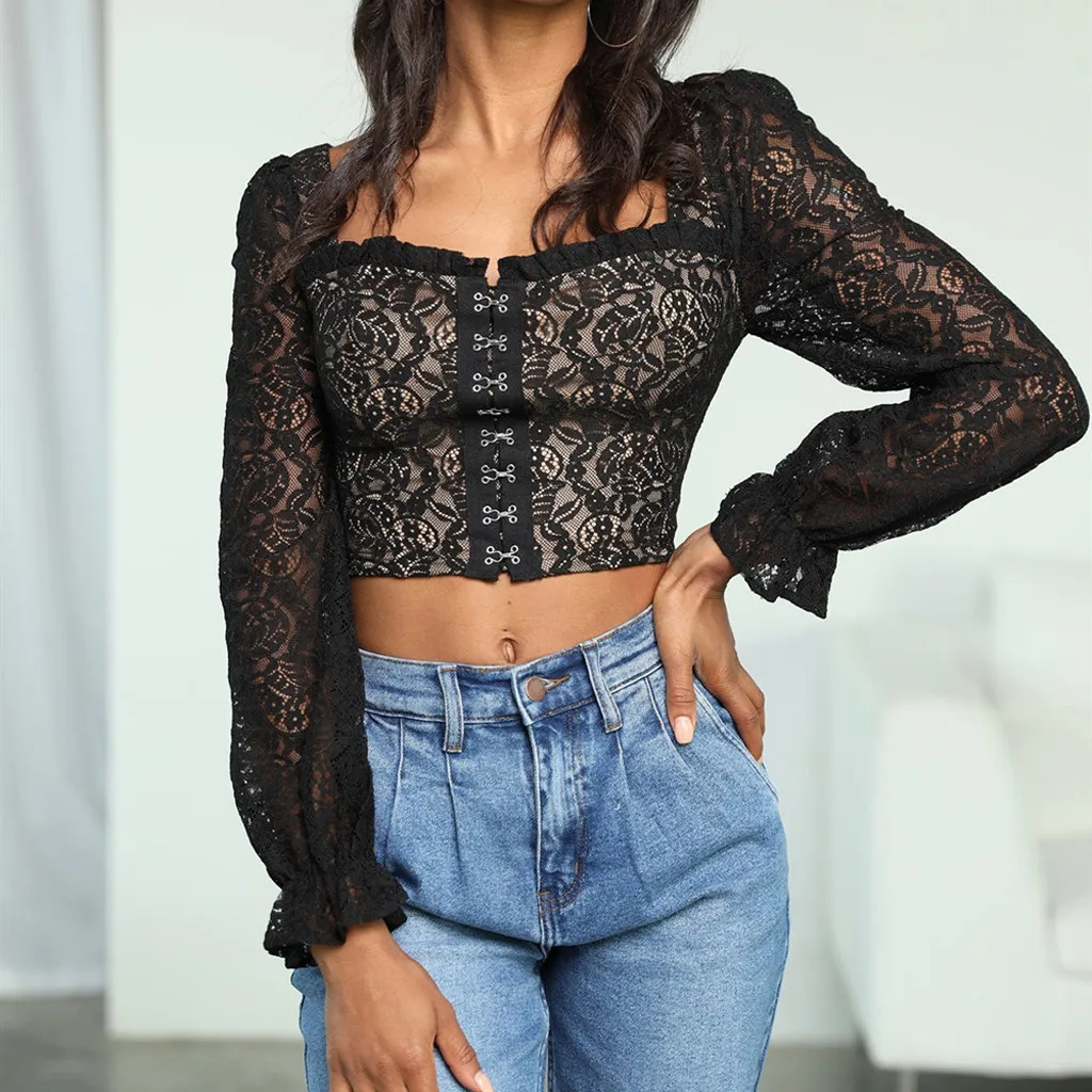 Элегантный квадратный вырез черные кружевные блузки Прозрачные пикантные кроше