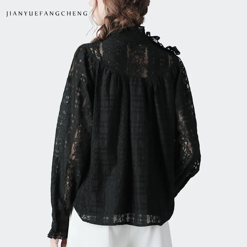 Элегантные женские черные Кружевной Топ с длинным рукавом Блузка для женщин