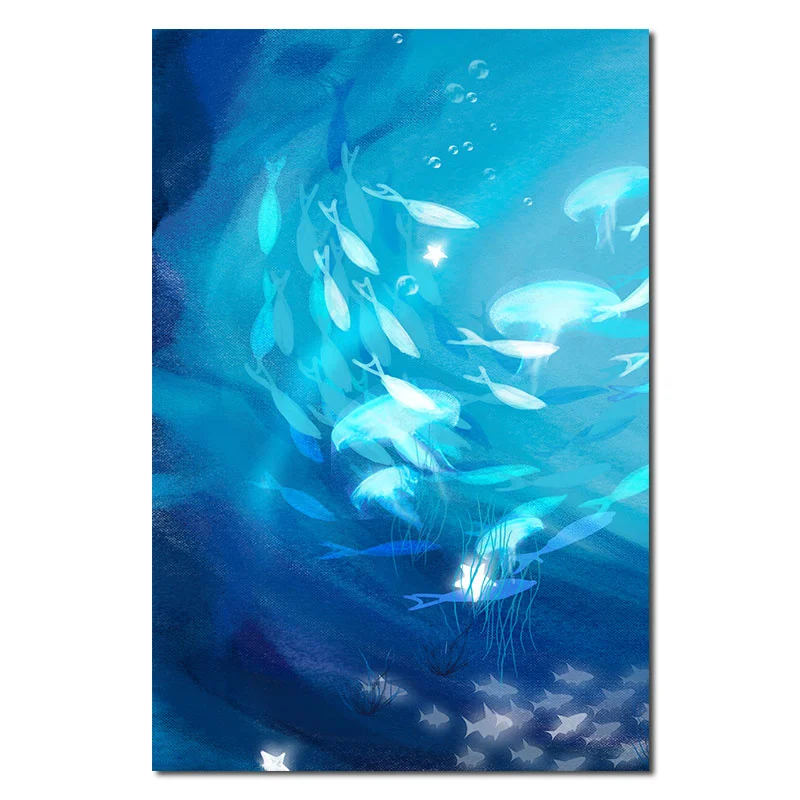 

Modern Style Canvas Material Blues Ocean Fish Pattern Rectangular Background Poster Living Room Wall Art Decorative Painting