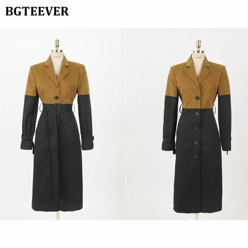 

BGTEEVER Stylish Notched Collar Patchwork Women Trench Coats Autumn Long Sleeve Slim Waist Belted Female Long Windbreaker 2020