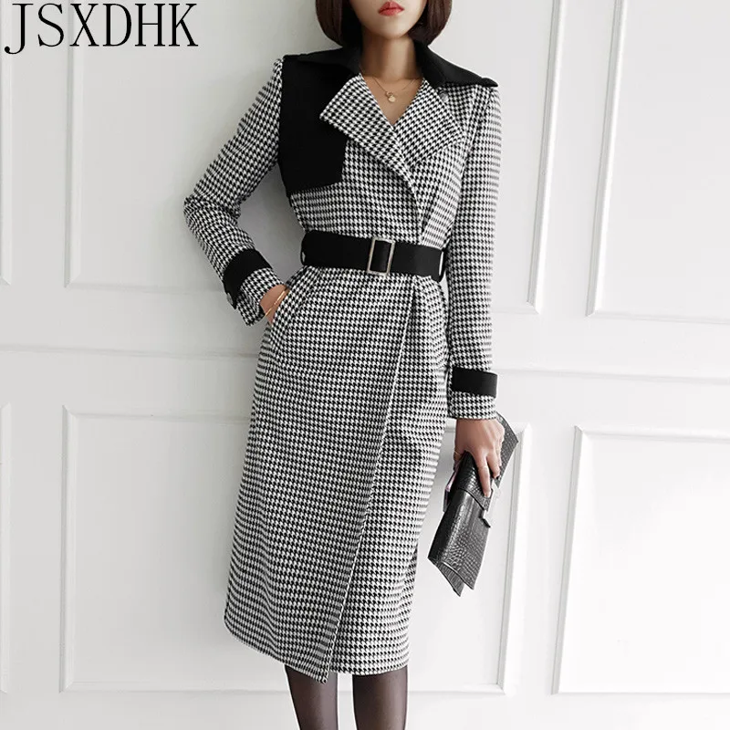 

JSXDHK 2020 New Autumn Winter Women Woollen Coat High Quality Tweed Plaid Patchwork Double-Breasted Vintage Belt Wool Coat