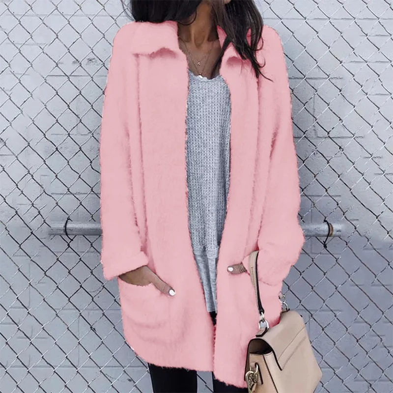 

Autumn Women Plush Jackets Solid Color Long Sleeve Turn-Down Neck Mid-Length Outwear Winter Clothes Pockets Casual Ladies Coats