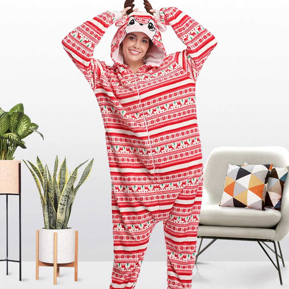 

Cartoon Christmas Elk Pajamas Romper Long-Sleeves Zipper Hat Printed Valentine's Day Gift Unisex Lovers Nightclothes