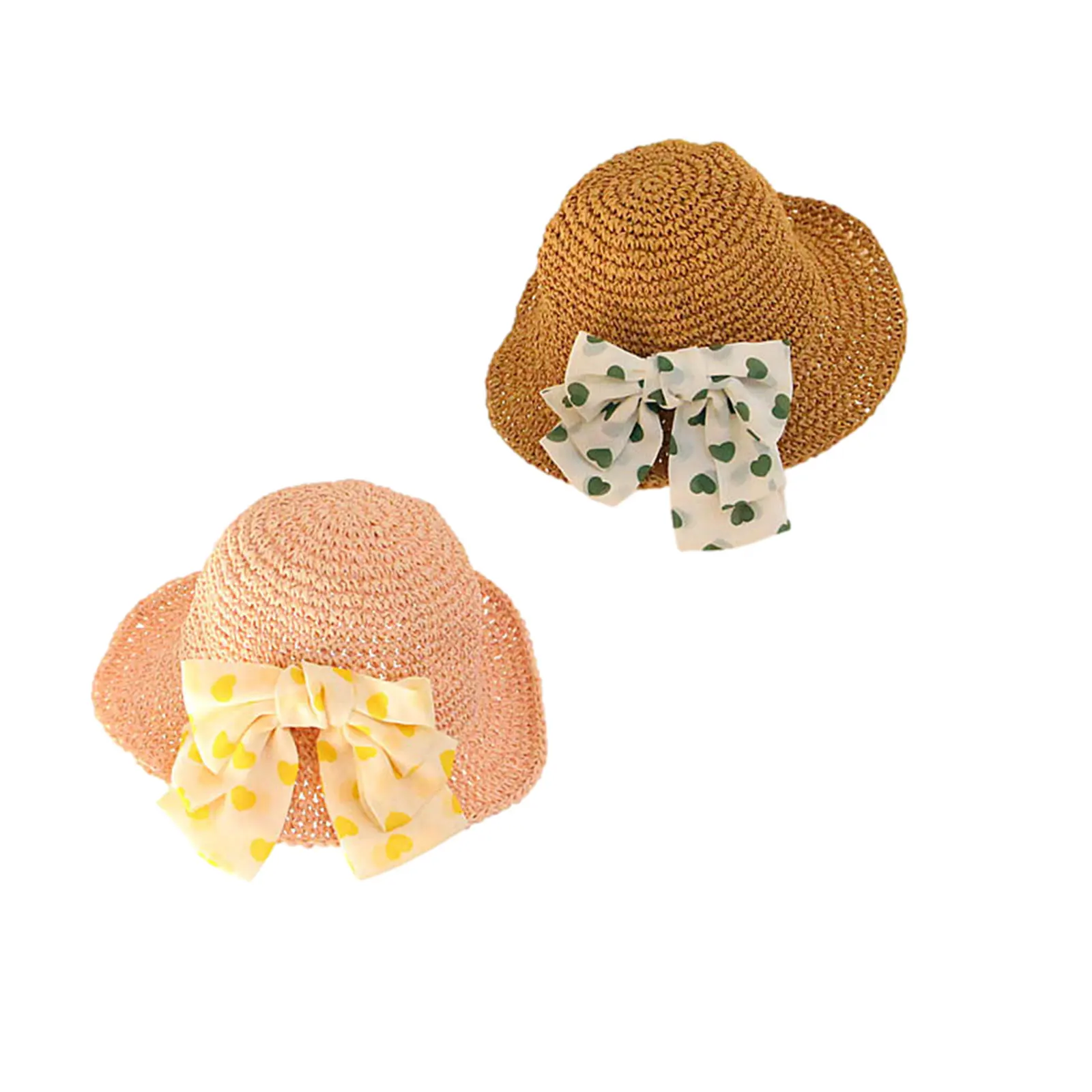 

Summer Little Girls Princess Sunhat, Toddlers Sweet Style Floral/Heart Printing Bow Decoration Outdoor Sun Protection Straw Cap
