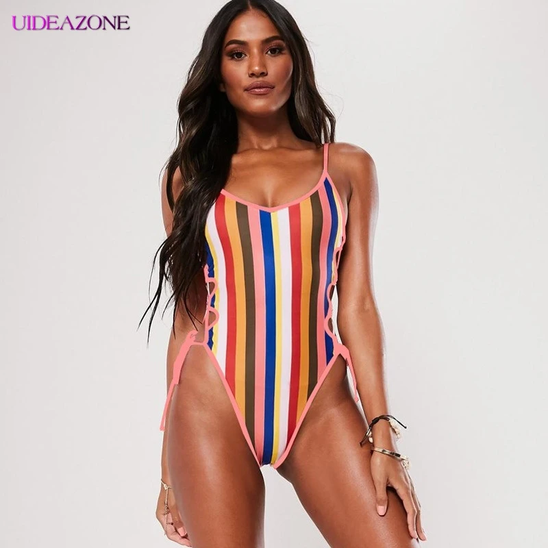 Хит продаж цветные полосатые женские боди летние купальники открытая спина без