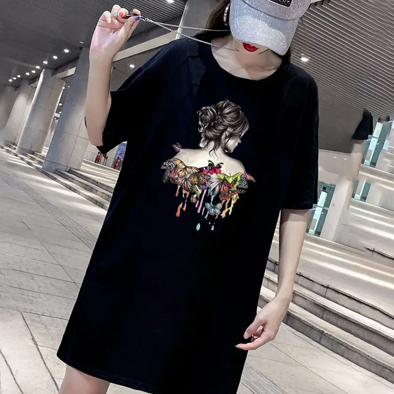 

Dress Butterfly Girl Print Mini Women Loose Summer T-Shirt Dresses Korean Short Sleeve Casual Streetwear Pullover Robe