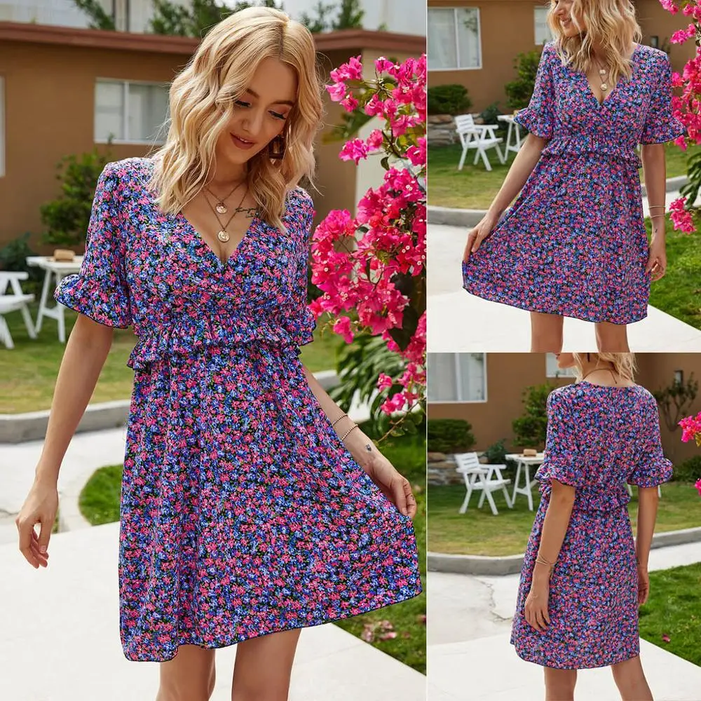 Летнее платье женское эластичное пикантное мини-платье с цветочным принтом