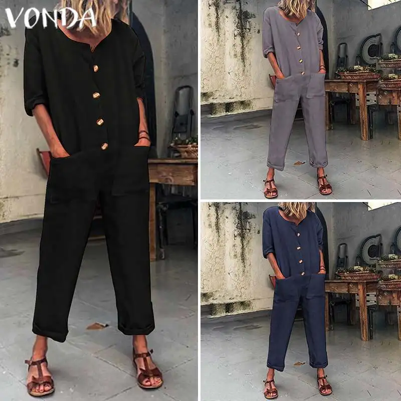 VONDA женские осенние хлопковые комбинезоны женские Комбинезоны на пуговицах офисные женские пляжные костюмы повседневные свободные Панталоны размера плюс брюки